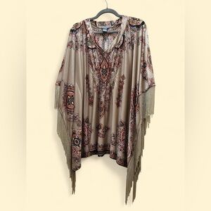 Gracia Beige Printed Fringe Trim Poncho Size Small/Medium Bohemian Festival